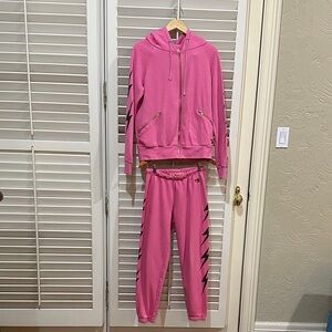 Aviator Nation Pink Sweatsuit With Black Bolts On Arms and Pants. Size Medium